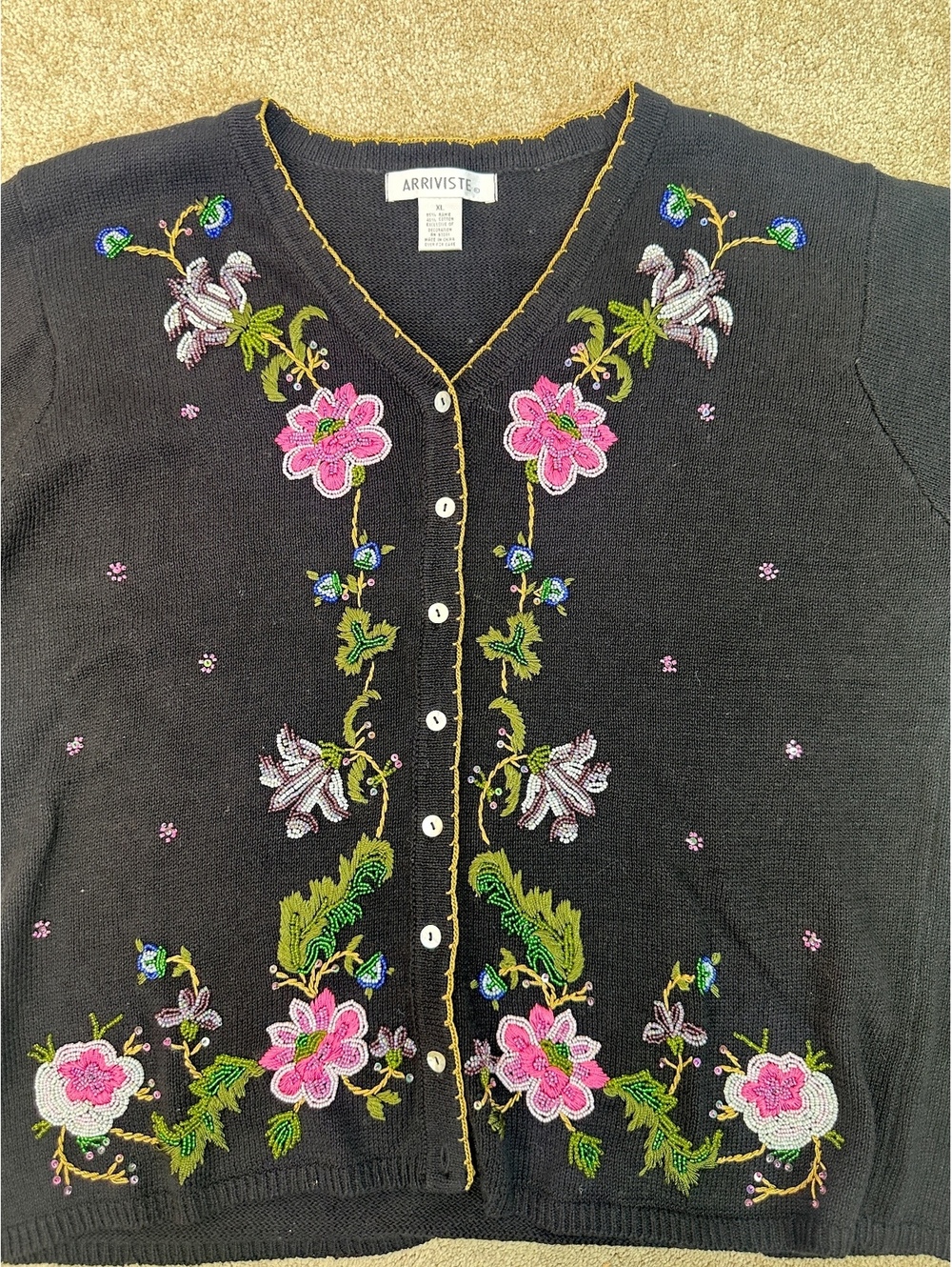 VTG Women’s Sz XL Arriviste Black Beaded Floral Cardigan Sweater Cottagecore - Picture 7 of 9